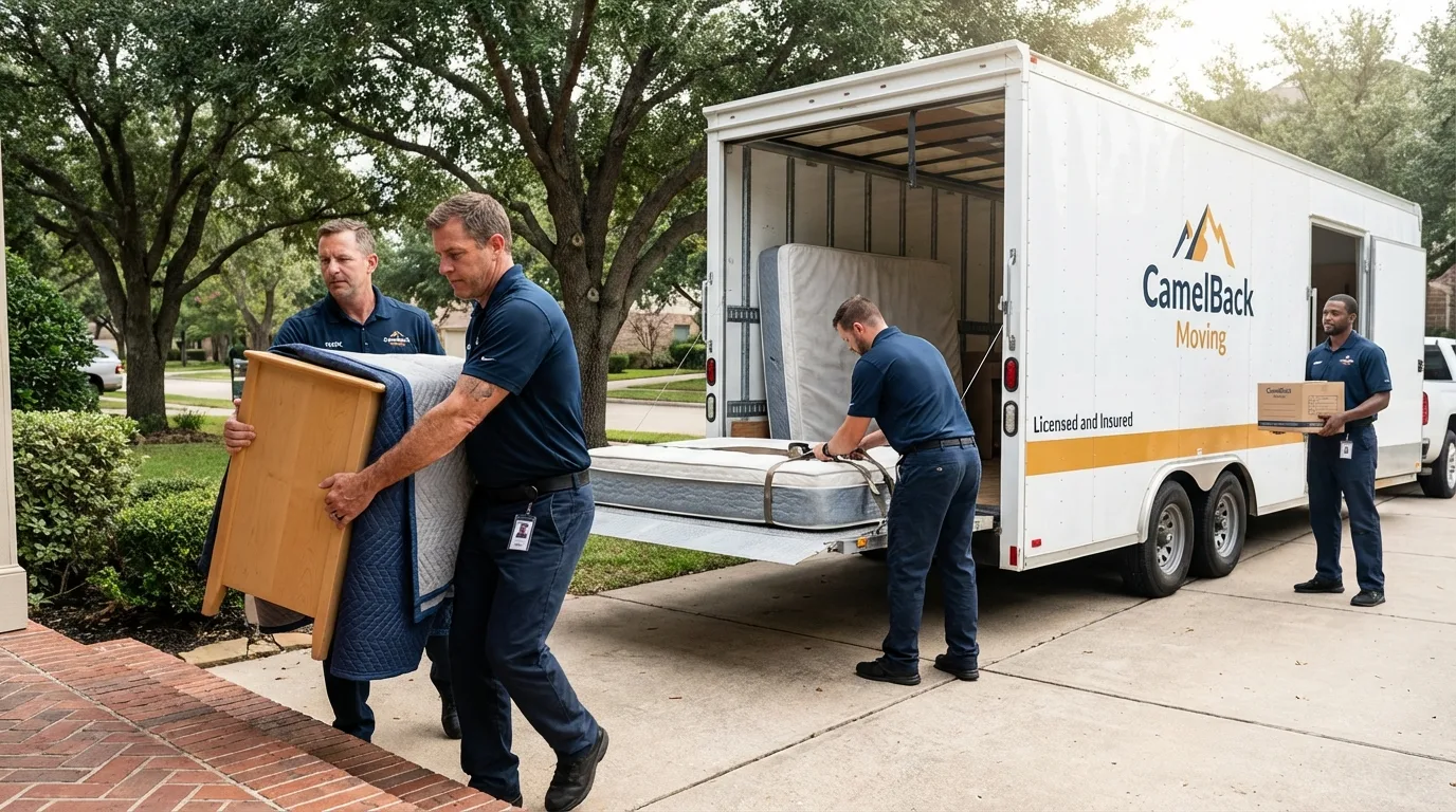 Crew loading residential truck for cross-state move from New Town, ND