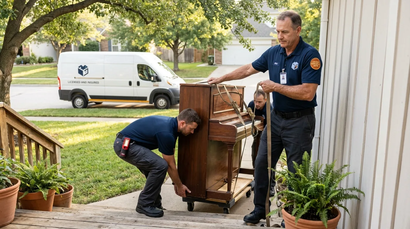Licensed piano movers securing grand piano in New Town, ND