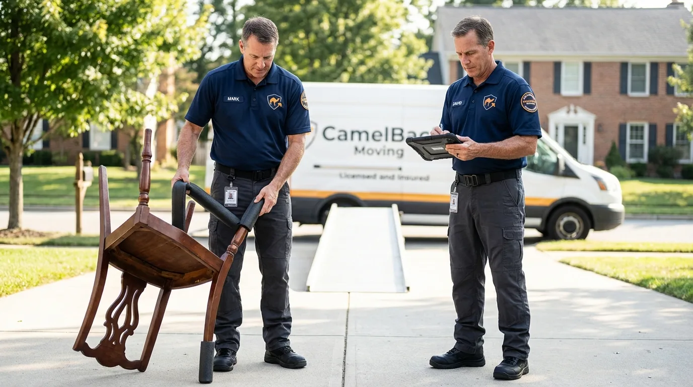 Movers inspecting furniture for damage prevention before loading in New Town, ND