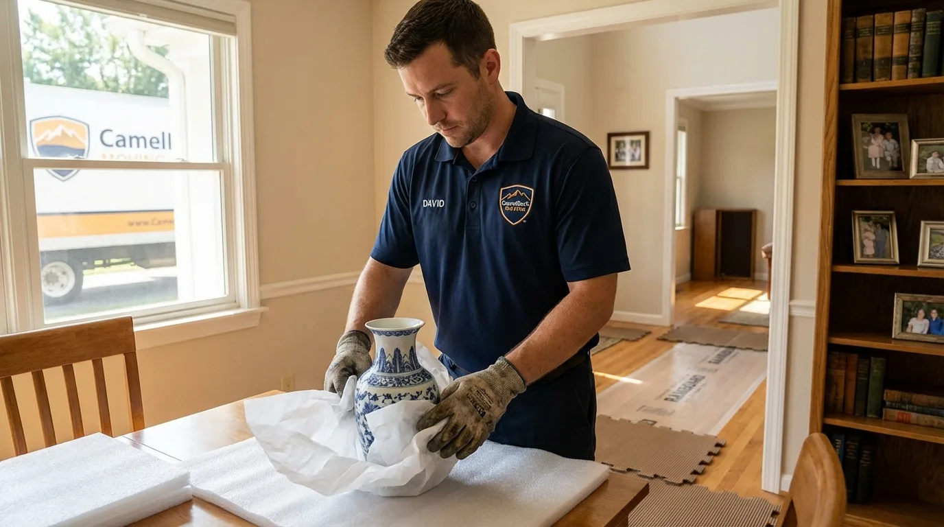 Professional crew carefully wrapping antique vase for senior downsizing move in New Town, ND
