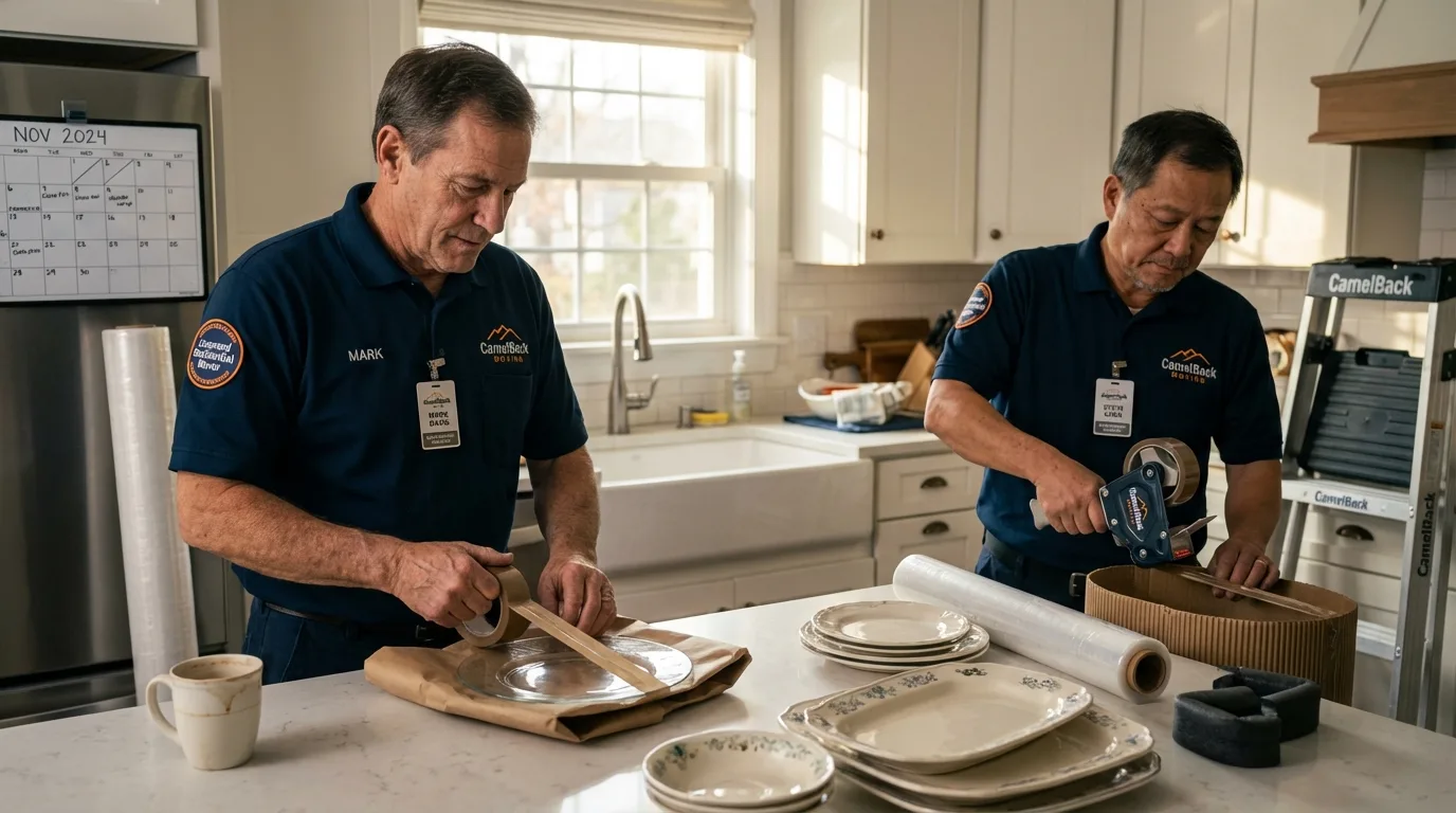 Professional crew packing kitchen dishware in New Town, ND